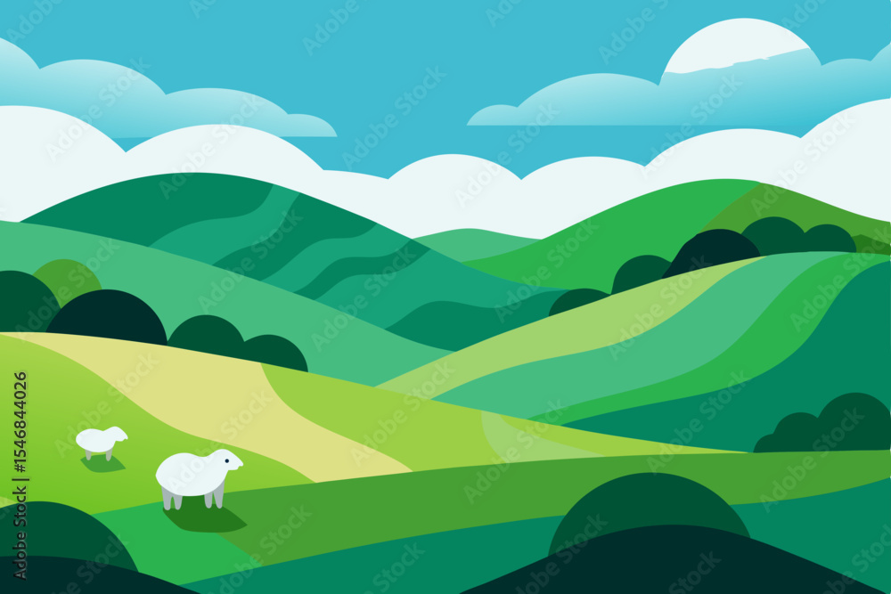 Fototapeta premium Green landscape with rolling hills and mountains under a blue sky, illustrating nature's vibrant summer view