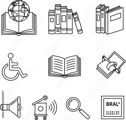 Accessibility and inclusive education icons: books, braille, wheelchair and more symbols on transparent background