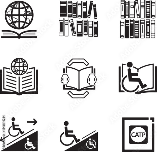 Accessibility and education icons set featuring books globe wheelchair and ramp symbols on transparent background