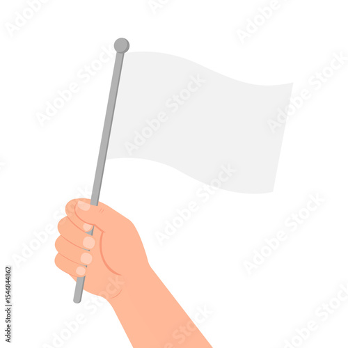 Human hand holding white waving flag on pole. Symbol of peace, surrender, truce, or neutrality. Flat design vector illustration on white background. Concept for protest, diplomacy or anti-war themes