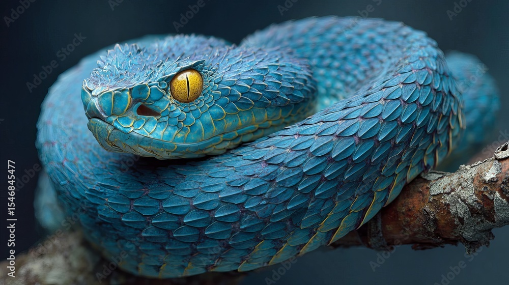Fototapeta premium Vibrant Blue Viper Snake Coiled on Branch Exotic Reptile Wildlife Nature Photography
