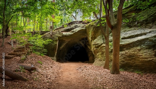 entrance to a small cave near the rock quarry trail through the woods at the rockwoods reservation in wildwood mo