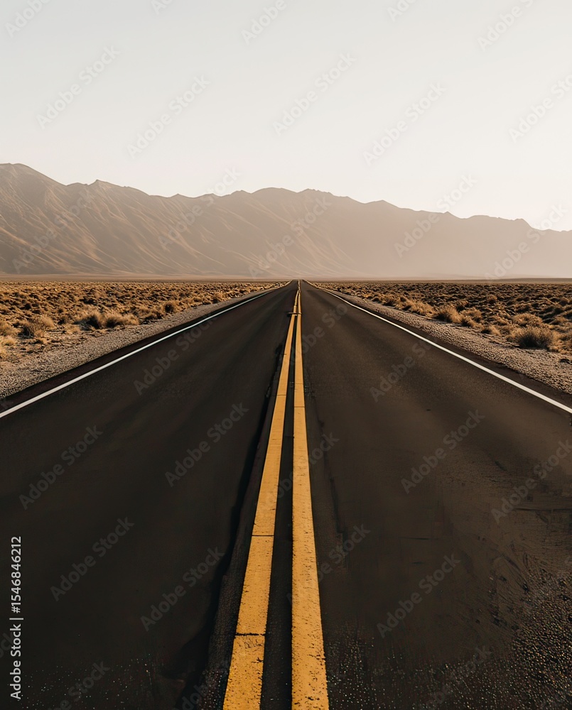 Fototapeta premium Long Yellow Lines on Dark Asphalt Road Leading into Muted Desert Mountains