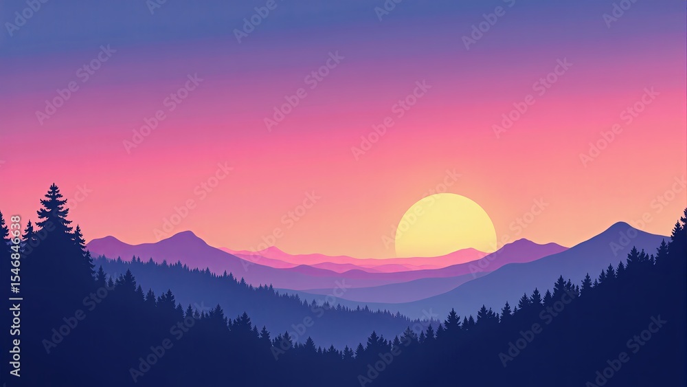 Obraz premium Vibrant Gradient Sunset Over Mountain Peaks