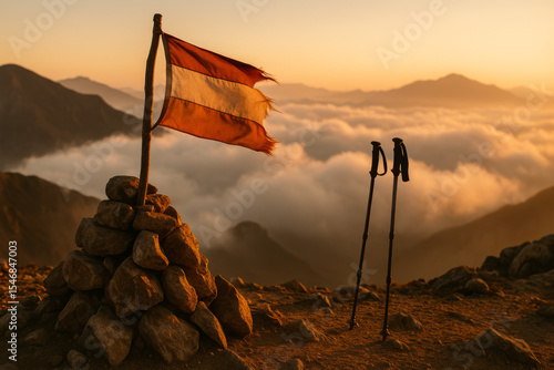 Tattered Flag and Trekking Poles at Mountain Summit During Golden Hour.