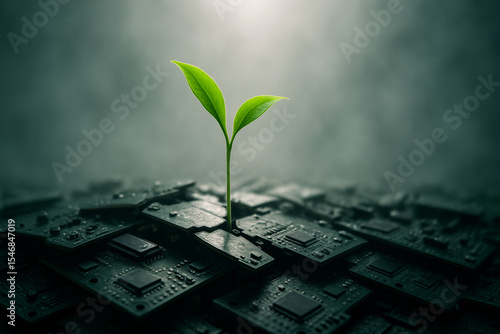 Green Sprout Growing Through Cracked Circuit Boards.