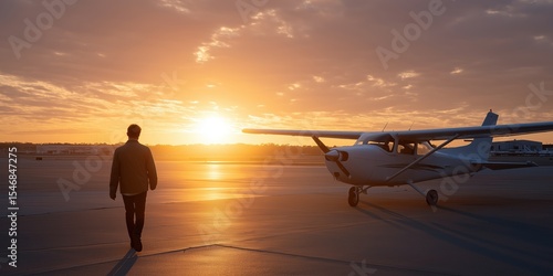 Fototapeta Naklejka Na Ścianę i Meble -  Silhouette of male walking towards small aircraft on runway at sunset