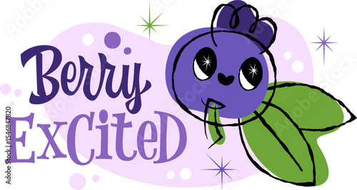 Berry Excited - features a playful, retro 50s style with bold letters in purple. Decor elements include whimsical berry motifs and sparkles, with a color palette of purples, greens, and soft pastels.