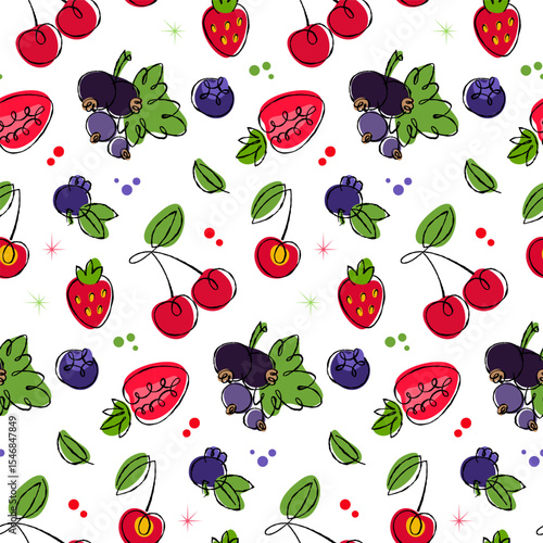 Colorful berries and fruits seamless 50s retro style pattern, hand drawn doodle art for fabric, packaging on transparent background.
