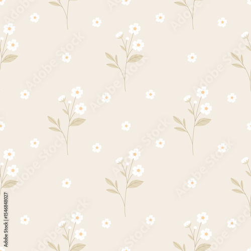 Minimalist floral seamless pattern white wildflowers and Ideal for nursery decor, baby clothing, stationery, textile design, wallpaper, and branding with a Scandinavian or cottagecore aesthetic.