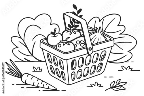 Shopping Basket Icon Filled with a Variety of Fresh Groceries Including Fruits, Vegetables, and Packaged Goods