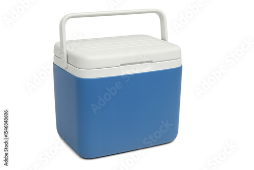 Closed blue portable cooler box isolated on transparent background