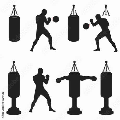 Boxing practice silhouettes with punching bags training