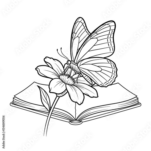 Butterfly resting on a flower above an open book in a charming and artistic illustration