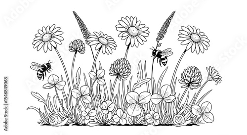 Wildflower meadow with bees and diverse plants in a detailed nature illustration