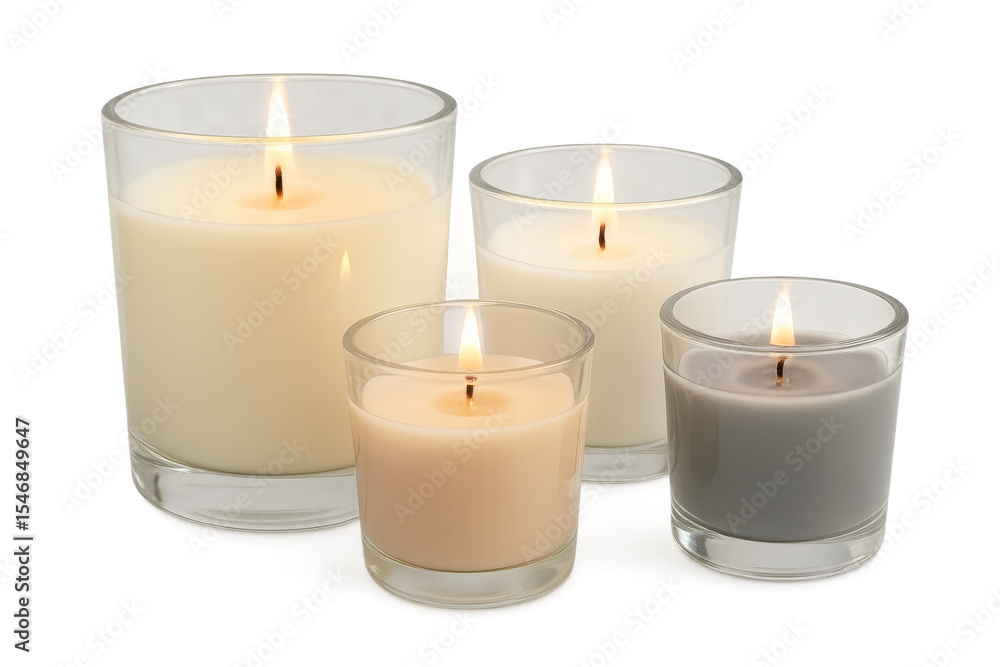 Four burning scented candles in glass jars on transparent background Four burning scented candles in glass jars on transparent background