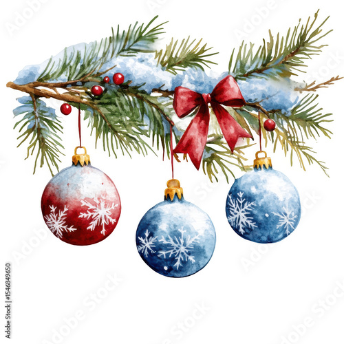 Wallpaper Mural Festive holiday decorations featuring red and blue ornaments hanging from a snow-covered pine branch Torontodigital.ca