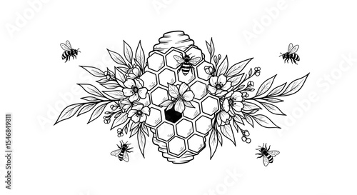 Honeycomb and beehive surrounded by flowers and bees in an intricate botanical design