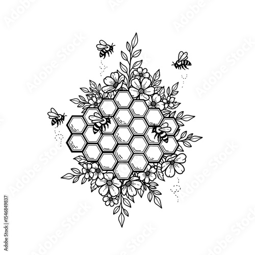Honeycomb surrounded by flowers and bees in an intricate and artistic composition