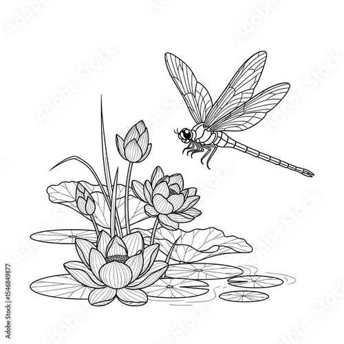 Dragonfly hovering over lotus flowers in a serene pond landscape illustration