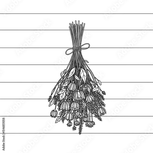 Bouquet of dried flowers tied with twine in a hand-drawn style for herbal decoration and crafts