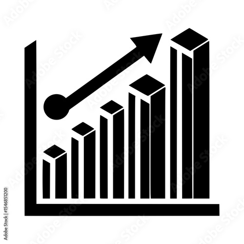 Business growth graph with upward trend arrow, demonstrating successful progress. The monochrome vector illustrates expansion and development in a clear, concise manner