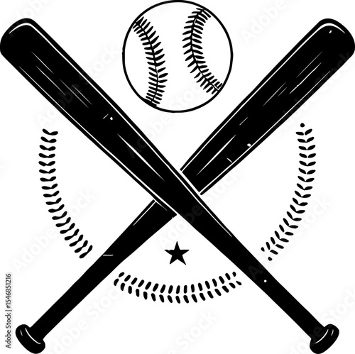 Vintage baseball bats crossed with ball and laurel wreaths