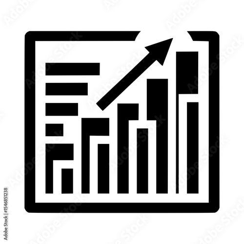 Rising bar graph with arrow showing growth, black and white symbol on white background