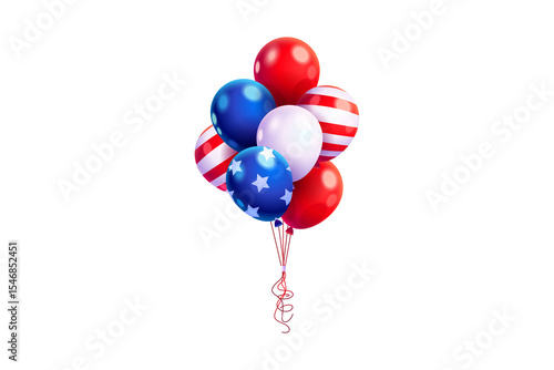 Festive patriotic balloons in red white and blue against a deep black background