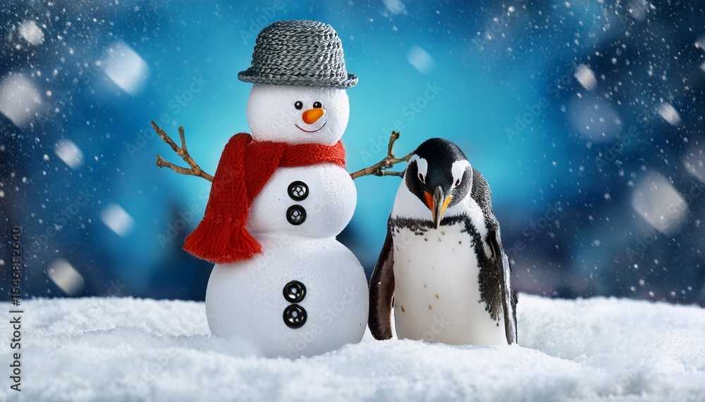 cute snowman and penguin in snowy winter scene cute snowman and penguin in snowy winter scene