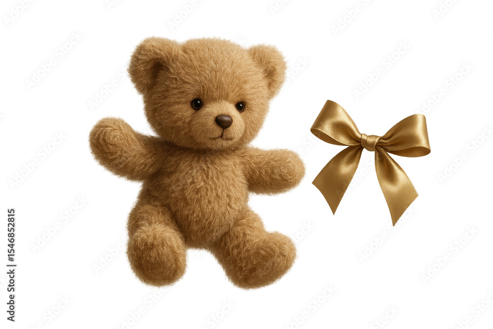 Obraz premium Cute teddy bear with golden ribbon isolated on transparent background image.