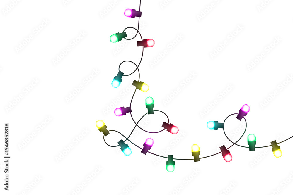 Festive string of colorful led lights illuminated against a dark black background Festive string of colorful led lights illuminated against a dark black background