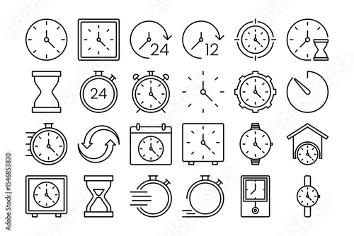 Time outline icon set. Containing time, calendar, timer, stopwatch. alarm, hourglass, countdown. Vector illustration