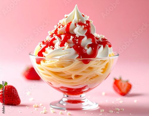 Classic Spaghetti Ice Cream with Strawberry Sauce – Vibrant Dessert Image for Food Design & Ads