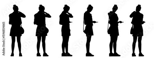 Vector concept conceptual black silhouette of a woman with a bag from different perspectives isolated on white background. A metaphor for casual, fashion, relaxation, leisure and lifestyle