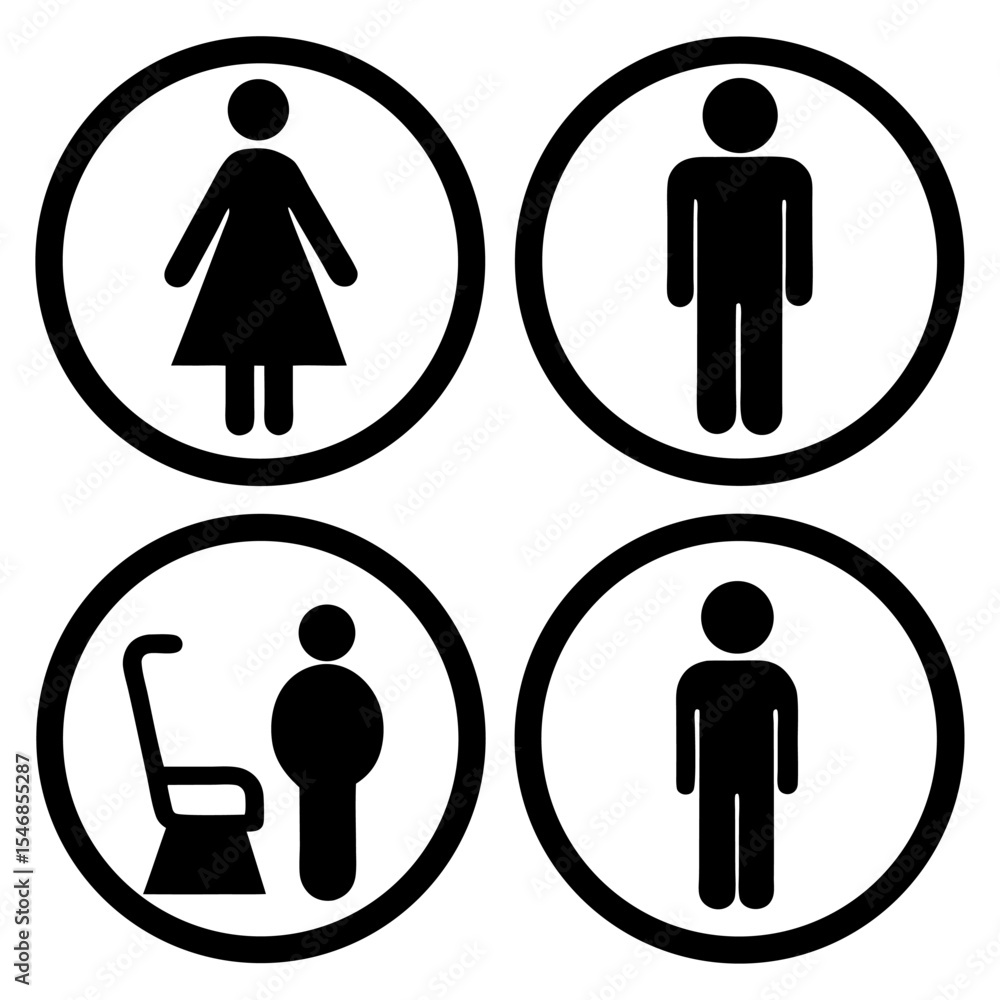 Design a clean and minimalistic icon set in black and white representing common public facility signs. Include icons for male restroom, female restroom, accessible restroom (wheelchair) Design a clean and minimalistic icon set in black and white representing common public facility signs. Include icons for male restroom, female restroom, accessible restroom (wheelchair)