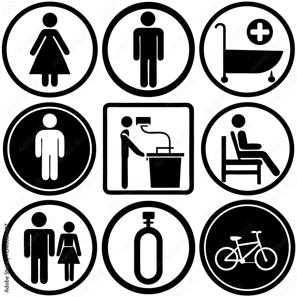 Design a clean and minimalistic icon set in black and white representing common public facility signs. Include icons for male restroom, female restroom, accessible restroom (wheelchair) Design a clean and minimalistic icon set in black and white representing common public facility signs. Include icons for male restroom, female restroom, accessible restroom (wheelchair)