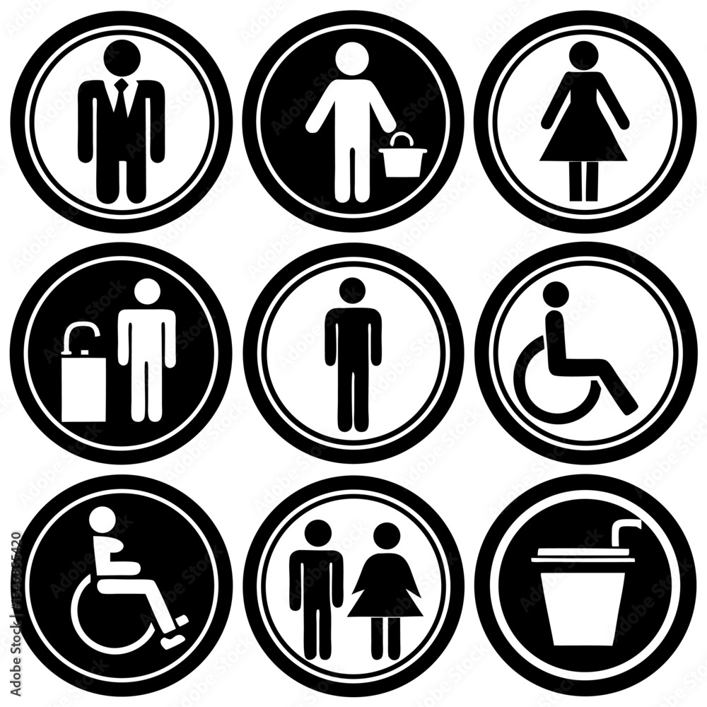 Design a clean and minimalistic icon set in black and white representing common public facility signs. Include icons for male restroom, female restroom, accessible restroom (wheelchair) Design a clean and minimalistic icon set in black and white representing common public facility signs. Include icons for male restroom, female restroom, accessible restroom (wheelchair)