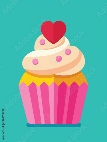 A Sweet Illustration of a Cupcake with Cream Frosting and a Heart on Top