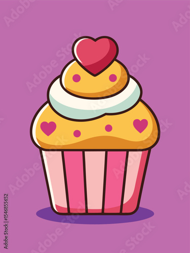 A cartoon cupcake with a heart on top against a purple background
