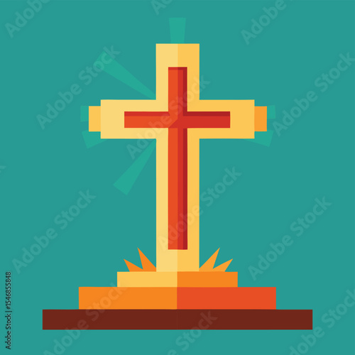 A gleaming golden cross on a pedestal radiates light against a teal background illustration