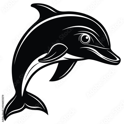 A black and white illustration of a dolphin jumping out of the water, showcasing its sleek body and playful nature in a simple yet elegant design