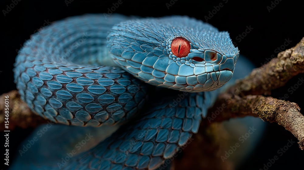 Fototapeta premium Blue viper snake close up with red eyes exotic reptile wildlife photography animal nature venomous snake