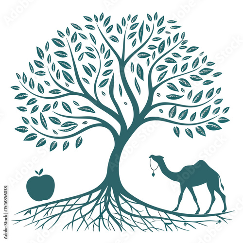 A camel approaches a tree with a fallen apple beneath its sprawling roots in a serene landscape illustration