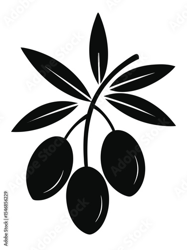 Black olive branch with three olives and leaves illustration on white background