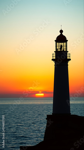 Solitary Lighthouse at Sunset over Calm Sea vertical