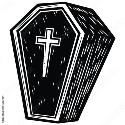 A black and white woodcut illustration of a coffin with a cross on it