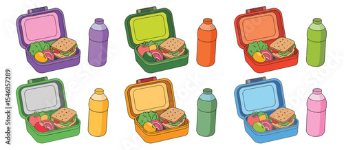 Colorful Lunch Boxes with Sandwiches and Drinks
