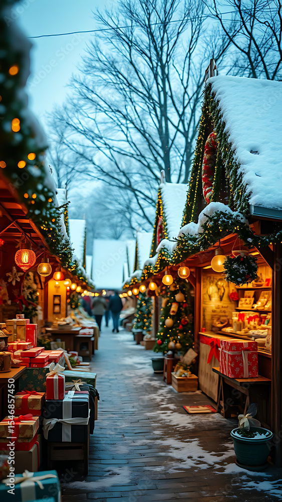 Obraz premium Rustic Christmas Market Scene with Gifts and Snow vertical