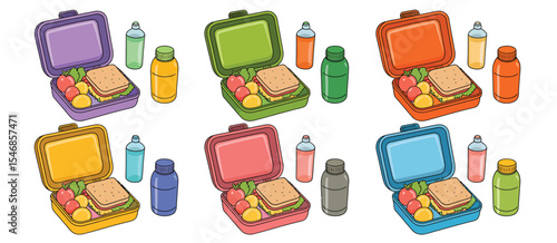 Colorful Lunch Boxes with Sandwiches and Drinks